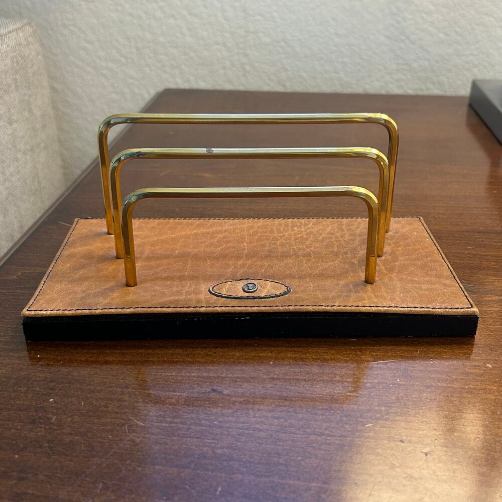 VTG Goldpfeil Gold Pfeil Table Top Desk Mail Letter Rack Organizer Brown Leather